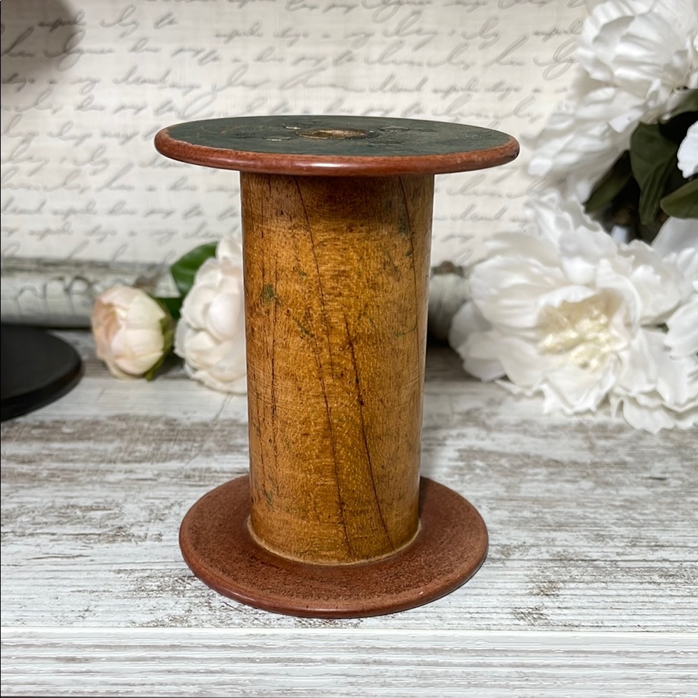 Vintage Wooden Spool with Green and Brown Accents